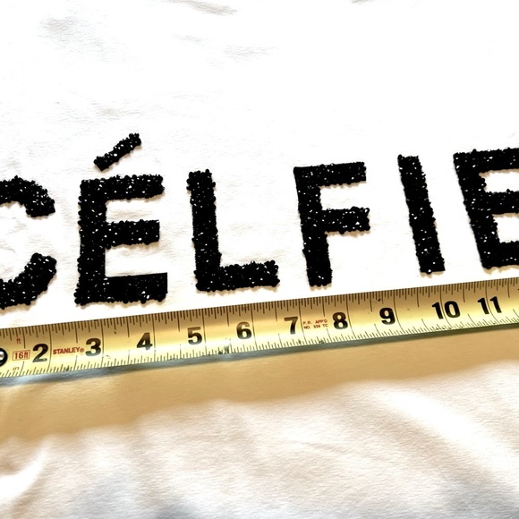 CÉLFIE in black beaded letters on white t-shirt Top - white stretchy fabric - Picture 14 of 14